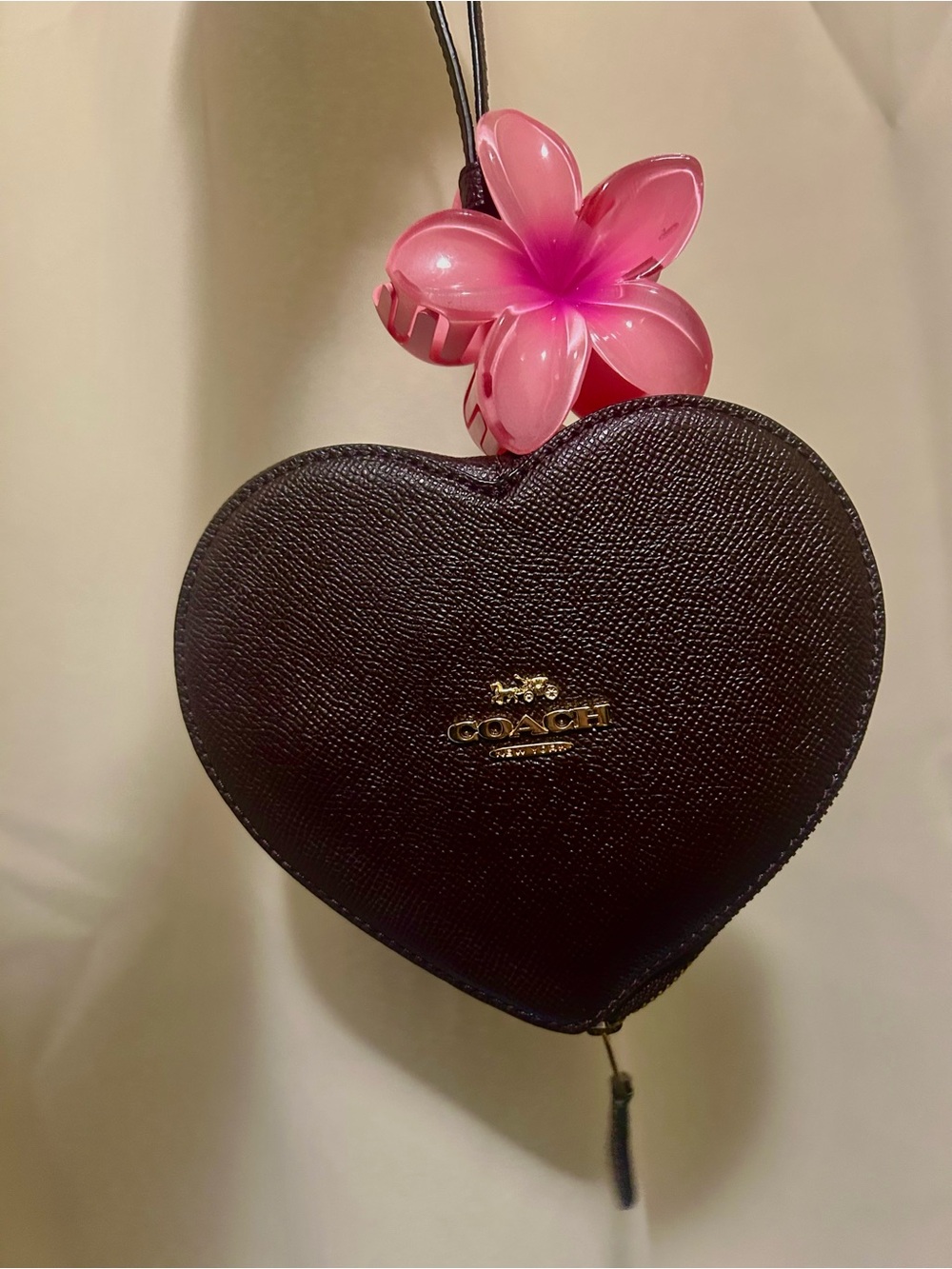 Coach Black Heart Zip Mini Coin Pouch with Pink Flower Charm